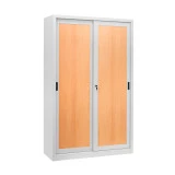 Armoire métallique à portes coulissantes avec insert bois MONOBLOC.Fermeture par bouton poussoir à clés (2 clefs fournies). Fermeture à code en option. Armoire métallique à portes coulissantes avec insert bois MONOBLOC.Fermeture par bouton poussoir à clés (2 clefs fournies). Fermeture à code en option.