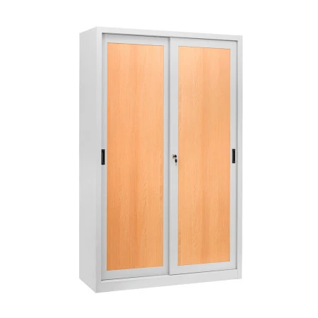Armoire métallique à portes coulissantes avec insert bois MONOBLOC.Fermeture par bouton poussoir à clés (2 clefs fournies). Fermeture à code en option.