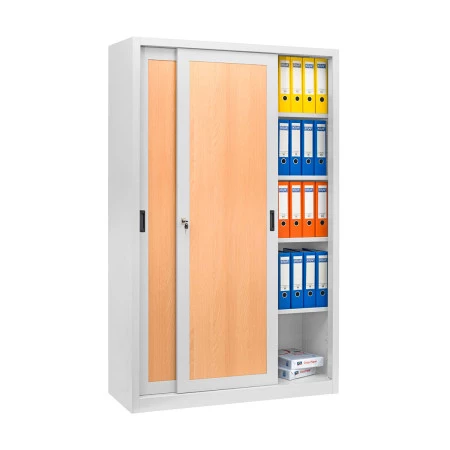 Armoire métallique à portes coulissantes avec insert bois. Etagères réglables au pas de 50 mm. Système de dossier suspendus A4 inclus. Armoire métallique à portes coulissantes avec insert bois. Etagères réglables au pas de 50 mm. Système de dossier suspendus A4 inclus.