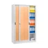 Armoire métallique à portes coulissantes avec insert bois. Etagères réglables au pas de 50 mm. Système de dossier suspendus A4 inclus. Armoire métallique à portes coulissantes avec insert bois. Etagères réglables au pas de 50 mm. Système de dossier suspendus A4 inclus.