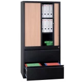 Armoire métallique à portes et à tiroirs monobloc. Idéale pour le rangement combiné de classeurs et de dossiers suspendus. Les étagères sont ajustables au pas de 46 mm Armoire métallique à portes et à tiroirs monobloc. Idéale pour le rangement combiné de classeurs et de dossiers suspendus. Les étagères sont ajustables au pas de 46 mm