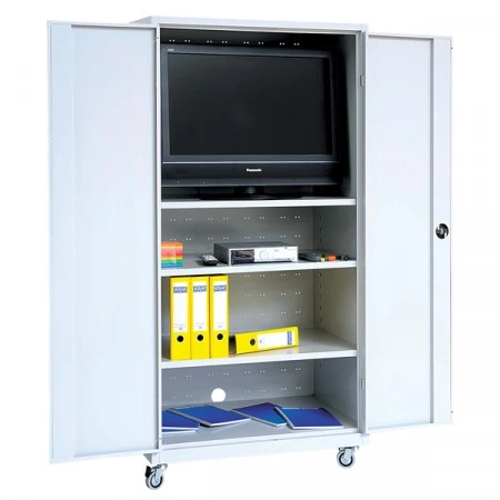 Meuble TV multimédia monobloc avec aération et passage de câbles. Idéal pour déplacer et stocker une télévision et du matériel bureautique. Meuble TV multimédia monobloc avec aération et passage de câbles. Idéal pour déplacer et stocker une télévision et du matériel bureautique.