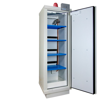 Armoire 1 porte avec ou sans système d'alarme et extincteur pour le stockage sécurisé de batteries lithium-ion.