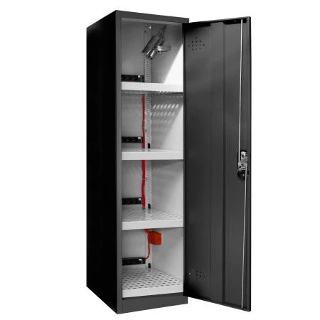 Armoire de sureté pour Batteries, 1 porte, 4 étagères, 9 prises. Armoire de sureté pour Batteries, 1 porte, 4 étagères, 9 prises.