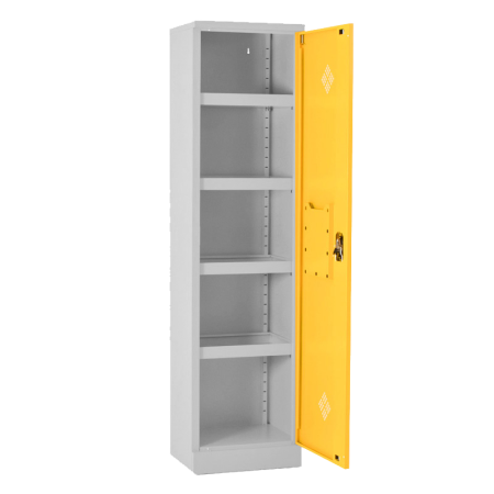 Armoire de sécurité 1 porte pour produits dangereux monobloc soudé en usine. Aération basse et haute sur la porte. Ouverture de la porte à 215°. Peinture poudre époxy. Armoire de sécurité 1 porte pour produits dangereux monobloc soudé en usine. Aération basse et haute sur la porte. Ouverture de la porte à 215°. Peinture poudre époxy.
