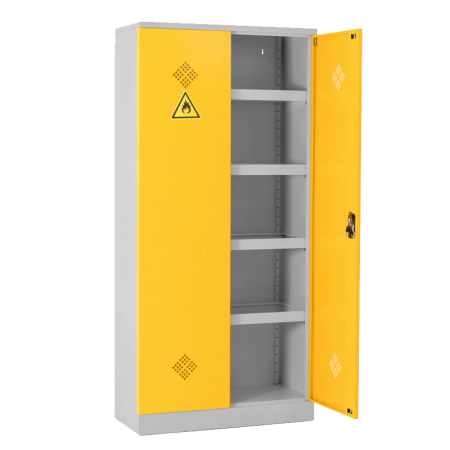 Armoire de sécurité 2 portes pour produits dangereux monobloc. Équipée de 4 tablettes de rétention galvanisées e 20 ou 40 L. Charges 80 kg par tablette - soit 400 kg au totale.