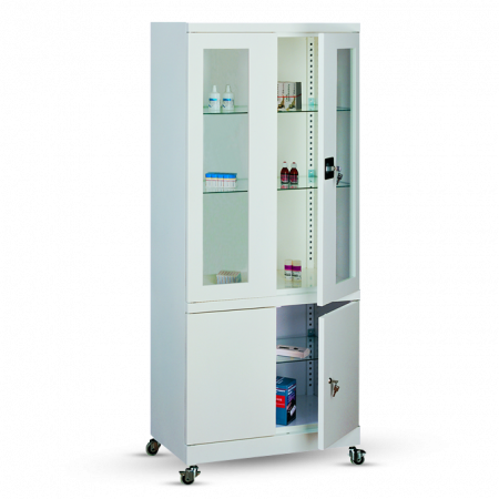 Armoire médicale monobloc mobile à double compartiments en tôle d’acier 8/10e. Porte vitrée en verre securit avec ouverture à 225° et compartiment fermé en bas. Poignée encastrée avec fermeture serrure à clé 2 points (jeu de 2 clés)Peinture poudre époxy