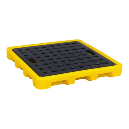 Palette de rétention plastique pour bidons de produits chimiques avec système anti-déversement Palette de rétention plastique pour bidons de produits chimiques avec système anti-déversement