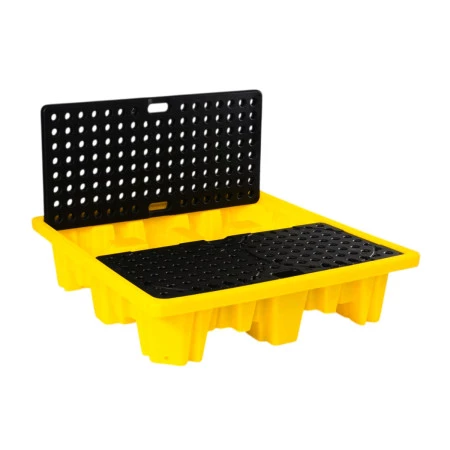 Bac de rétention pour fûts en plastique avec grille noire et cuve jaune anti-déversement Bac de rétention pour fûts en plastique avec grille noire et cuve jaune anti-déversement