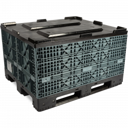 Couvercle de protection pour caisse palette plastique et palette plastique en PEHD.