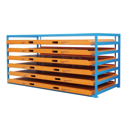 Rack à tiroirs cadre bleu et plateau orange Rack à tiroirs cadre bleu et plateau orange