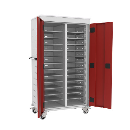 Chariot pour ordinateur portable 17 pouces 26 cases Chariot monté sur 4 roues pivotantes en caoutchouc Ø100 mm dont 2 avec freins. Chariot pour ordinateur portable 17 pouces 26 cases Chariot monté sur 4 roues pivotantes en caoutchouc Ø100 mm dont 2 avec freins.