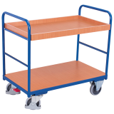 Chariot à 1 étagère avec rebords et 1 plateau amovible - Charge 250 Kg - 2 roulettes fixes et 2 roulettes pivotantes + frein central Chariot à 1 étagère avec rebords et 1 plateau amovible - Charge 250 Kg - 2 roulettes fixes et 2 roulettes pivotantes + frein central