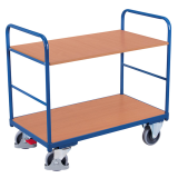 Chariot à 2 plateaux en bois amovibles - 2 roulettes fixes et 2 roulettes pivotantes + frein central Chariot à 2 plateaux en bois amovibles - 2 roulettes fixes et 2 roulettes pivotantes + frein central