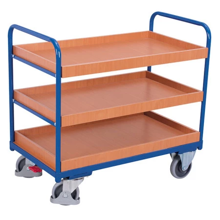 Chariot à 3 étagères avec rebords en bois amovibles - Charge 250 Kg Chariot à 3 étagères avec rebords en bois amovibles - Charge 250 Kg