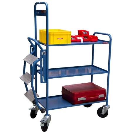 Chariot préparateur de commandes avec escabeau intégré Chariot préparateur de commandes avec escabeau intégré