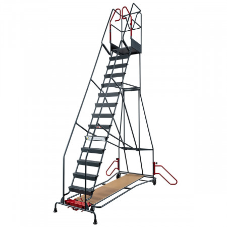 Escabeau roulant pour les travaux en hauteur, 15 marches, hauteur de travail maximale de 5,46 m. Escabeau roulant pour les travaux en hauteur, 15 marches, hauteur de travail maximale de 5,46 m.