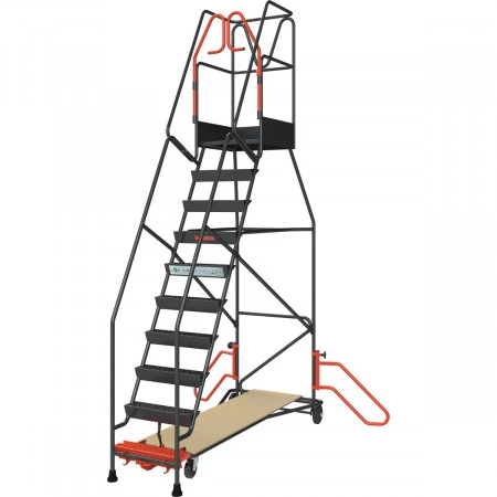 Escabeau avec larges marches antidérapantes et un garde-corps, 10 marches, hauteur de travail maximale de 4,31 m. Escabeau avec larges marches antidérapantes et un garde-corps, 10 marches, hauteur de travail maximale de 4,31 m.