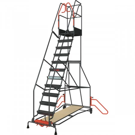Escabeau mobile pour accéder à des rayonnages en toute sécurité, 12 marches, hauteur de travail maximale de 4,77 m. Escabeau mobile pour accéder à des rayonnages en toute sécurité, 12 marches, hauteur de travail maximale de 4,77 m.