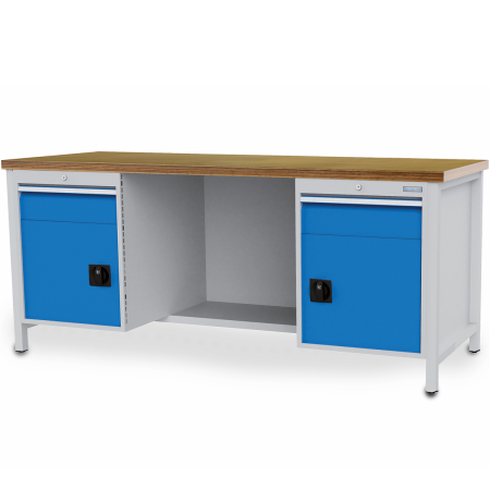 Etabli à structure monobloc R18-24 - plateau bois multiplis 40 mm - demi-tablette centrale - 2 coffres porte avec tiroir - 2000 x 750 x 859/959 mm - RAL 5012 + 7035 Etabli à structure monobloc R18-24 - plateau bois multiplis 40 mm - demi-tablette centrale - 2 coffres porte avec tiroir - 2000 x 750 x 859/959 mm - RAL 5012 + 7035