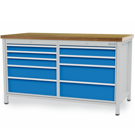Etabli à structure monobloc R24-24 - plateau bois multiplis 40 mm - coffres 5 + 4 tiroirs (small) - 1500 x 750 x 859/959 mm - RAL 5012 + 7035 Etabli à structure monobloc R24-24 - plateau bois multiplis 40 mm - coffres 5 + 4 tiroirs (small) - 1500 x 750 x 859/959 mm - RAL 5012 + 7035