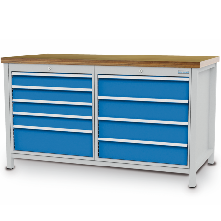 Etabli à structure monobloc R24-24 - plateau bois multiplis 40 mm - coffres 5 + 4 tiroirs (high) - 1500 x 750 x 859 mm - RAL 5012 + 7035 Etabli à structure monobloc R24-24 - plateau bois multiplis 40 mm - coffres 5 + 4 tiroirs (high) - 1500 x 750 x 859 mm - RAL 5012 + 7035