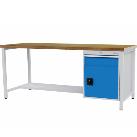 Etabli à structure R18-24 - plateau bois multiplis 40 mm - demi-tablette - 1 coffre porte avec tiroir - 2000 x 750 x 859/959 mm - RAL 5012 + 7035 Etabli à structure R18-24 - plateau bois multiplis 40 mm - demi-tablette - 1 coffre porte avec tiroir - 2000 x 750 x 859/959 mm - RAL 5012 + 7035