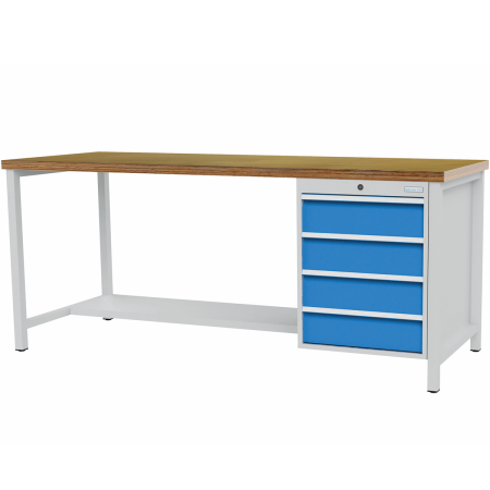 Etabli à structure R18-24 - plateau bois multiplis 40 mm - demi-tablette - coffre 4 tiroirs - 2000 x 750 x 859/959 mm - RAL 5012 + 7035 Etabli à structure R18-24 - plateau bois multiplis 40 mm - demi-tablette - coffre 4 tiroirs - 2000 x 750 x 859/959 mm - RAL 5012 + 7035