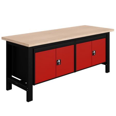 Etabli SI charge lourde plateau bois - 2 coffres de 2 portes - Lxpxh 2000x750x840 mm - Caisson et ossature Noir RAL 9005 et Façade Rouge RAL 3000 Etabli SI charge lourde plateau bois - 2 coffres de 2 portes - Lxpxh 2000x750x840 mm - Caisson et ossature Noir RAL 9005 et Façade Rouge RAL 3000