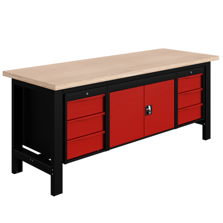 Etabli SI charge lourde plateau bois - 2 coffres de 3 tiroirs + 1 coffre de 2 portes - Lxpxh : 2000x750x840 mm - Caisson et ossature Noir RAL 9005 et Façade Rouge RAL 3000 Etabli SI charge lourde plateau bois - 2 coffres de 3 tiroirs + 1 coffre de 2 portes - Lxpxh : 2000x750x840 mm - Caisson et ossature Noir RAL 9005 et Façade Rouge RAL 3000