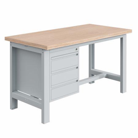 Etabli SI plateau multiplis 40 mm avec bloc 3 tiroirs de 150 mm chacun et ossature Gris Clair RAL 7035