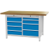 Etabli à structure monobloc R18-24 - plateau bois multiplis 40 mm - 4 + 4 tiroirs - 1500 x 750 x 859/959 mm - RAL 5012 + 7035 Etabli à structure monobloc R18-24 - plateau bois multiplis 40 mm - 4 + 4 tiroirs - 1500 x 750 x 859/959 mm - RAL 5012 + 7035