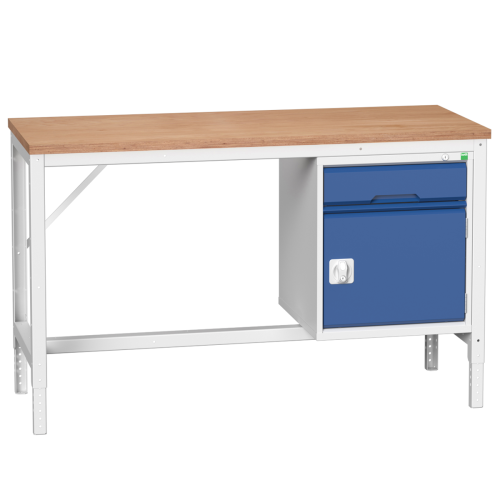 Etabli VERSO à plateau bois pied réglable en hauteur avec caisson coffre et tiroir