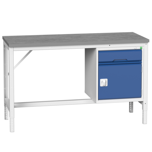 Etabli VERSO à plateau lino pied réglable en hauteur avec caisson coffre et tiroir