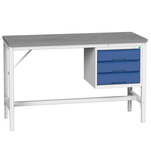 Etabli VERSO réglable en hauteur à 3 tiroirs et plateau lino