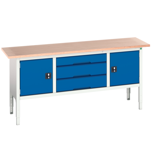 Etabli VERSO soudé à hauteur réglable avec 2 coffres et 3 tiroirs