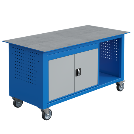 Etabli mobile SIT Soudure - Bloc 2 portes - Plateau acier 8 mm - Lxpxh 1500x750x802 mm - Caisson et ossature Bleu Industrie RAL 5015, Façade Gris Clair RAL 7035