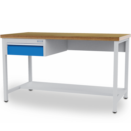 Table de travail - plateau bois multiplis 40 mm - demi-tablette - 1 tiroir - 1500/2000 x 750 x 859 mm - RAL 5012 + 7035