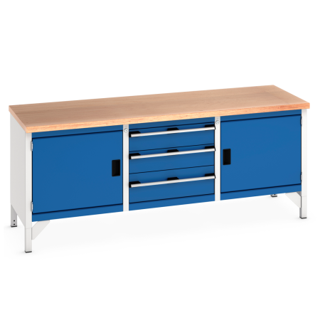 41002055.11 - Etabli CUBIO monobloc plateau multiplis 40 mm - 2000 x 750 mm - 2 portes + 3 tiroirs - Bleu Gentiane RAL 5010 41002055.11 - Etabli CUBIO monobloc plateau multiplis 40 mm - 2000 x 750 mm - 2 portes + 3 tiroirs - Bleu Gentiane RAL 5010