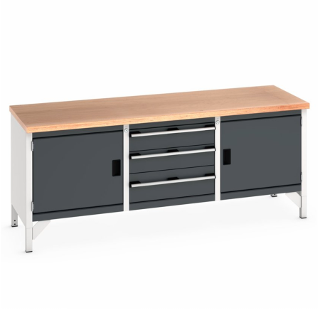 41002055.19 - Etabli CUBIO monobloc plateau multiplis 40 mm - 2000 x 750 mm - 2 portes + 3 tiroirs - Gris Anthracite RAL 7016 41002055.19 - Etabli CUBIO monobloc plateau multiplis 40 mm - 2000 x 750 mm - 2 portes + 3 tiroirs - Gris Anthracite RAL 7016
