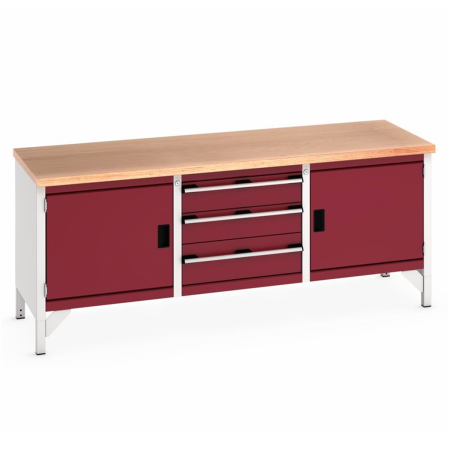 41002055.24 - Etabli CUBIO monobloc plateau multiplis 40 mm - 2000 x 750 mm - 2 portes + 3 tiroirs - Rouge Pourpre RAL 3004 41002055.24 - Etabli CUBIO monobloc plateau multiplis 40 mm - 2000 x 750 mm - 2 portes + 3 tiroirs - Rouge Pourpre RAL 3004