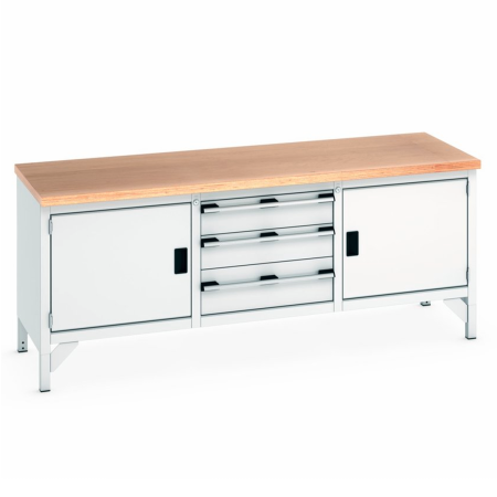 41002055.16 - Etabli CUBIO monobloc plateau multiplis 40 mm - 2000 x 750 mm - 2 portes + 3 tiroirs - Gris clair RAL 7035 41002055.16 - Etabli CUBIO monobloc plateau multiplis 40 mm - 2000 x 750 mm - 2 portes + 3 tiroirs - Gris clair RAL 7035