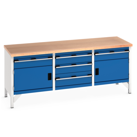 41002064.11 - Etabli CUBIO monobloc plateau multiplis 40 mm - 2000 x 750 mm - 2 portes + 5 tiroirs - Bleu Gentiane RAL 5010 41002064.11 - Etabli CUBIO monobloc plateau multiplis 40 mm - 2000 x 750 mm - 2 portes + 5 tiroirs - Bleu Gentiane RAL 5010