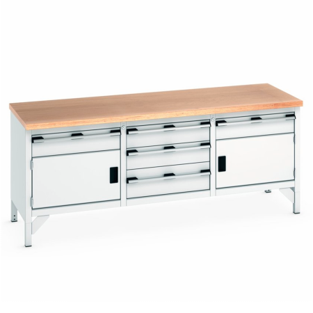 41002064.16 - Etabli CUBIO monobloc plateau multiplis 40 mm - 2000 x 750 mm - 2 portes + 5 tiroirs - Gris clair RAL 7035 41002064.16 - Etabli CUBIO monobloc plateau multiplis 40 mm - 2000 x 750 mm - 2 portes + 5 tiroirs - Gris clair RAL 7035