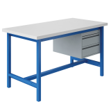 Etabli PTH plateau stratifié RESITOP 40 mm et ossature Bleu RAL 5015 avec bloc 2 tiroirs Gris Clair RAL 7035 (disponible en accessoire) Etabli PTH plateau stratifié RESITOP 40 mm et ossature Bleu RAL 5015 avec bloc 2 tiroirs Gris Clair RAL 7035 (disponible en accessoire)