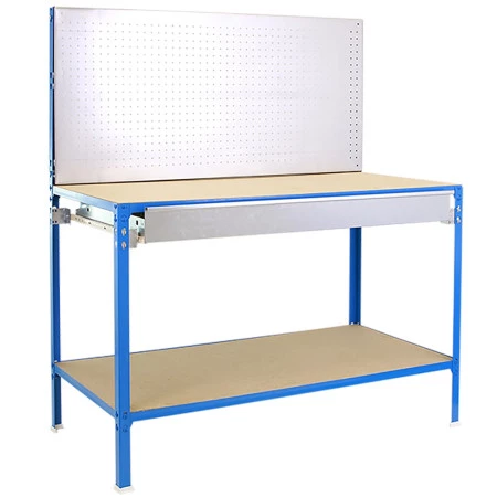 ECOWORK BT2 BOX CLICK 1200x600 mm - BLUE/GALV/BOIS - Double plateaux bois - Structure en acier - Panneau porte-outils intégré ECOWORK BT2 BOX CLICK 1200x600 mm - BLUE/GALV/BOIS - Double plateaux bois - Structure en acier - Panneau porte-outils intégré