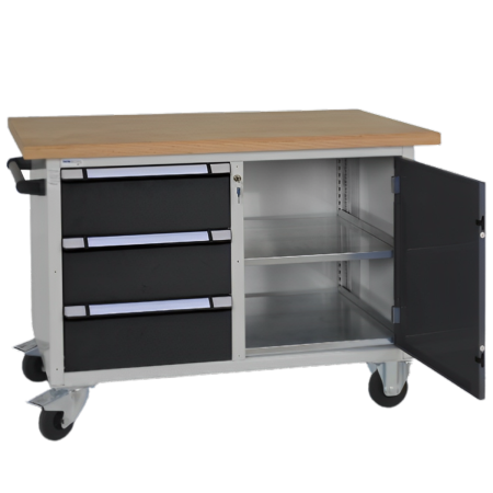 Établi compact mobile TM-Elegance (LxPxH) 1500x700x880 mm 1 porte battante, 1 rayon, 3 tiroirs, plateau en multiplex KEY Lock Gris clair RAL 7035 - Gris anthracite RAL 7016 Établi compact mobile TM-Elegance (LxPxH) 1500x700x880 mm 1 porte battante, 1 rayon, 3 tiroirs, plateau en multiplex KEY Lock Gris clair RAL 7035 - Gris anthracite RAL 7016