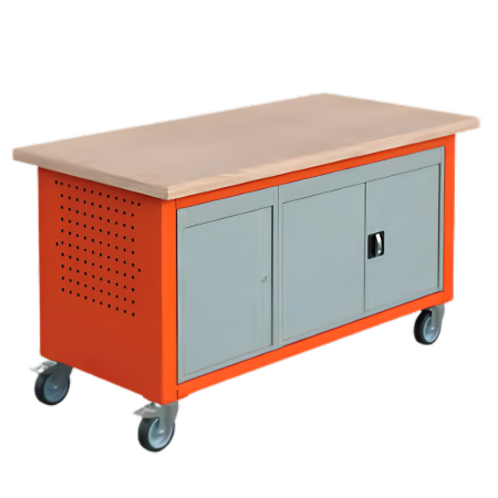 Etabli mobile SIT - 1 bloc porte et 1 bloc 2 portes - Plateau bois multiplis 40 mm - Lxpxh 1500x750x840 mm - Ossature Orangé Pur RAL 2004, Caisson et Façade Gris Clair RAL 7035