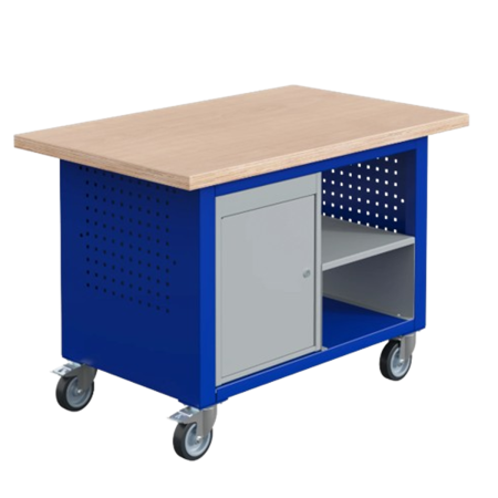 Etabli mobile SIT - Bloc 1 porte et 1 étagère - Plateau bois multiplis 40 mm - Lxpxh 1200x750x840 mm - Ossature Bleu Gentiane RAL 5010 - Caisson et Façade Gris Clair RAL 7035 Etabli mobile SIT - Bloc 1 porte et 1 étagère - Plateau bois multiplis 40 mm - Lxpxh 1200x750x840 mm - Ossature Bleu Gentiane RAL 5010 - Caisson et Façade Gris Clair RAL 7035