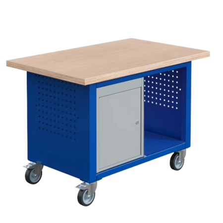 Etabli mobile SIT - Bloc 1 porte - Plateau bois multiplis 40 mm - Lxpxh 1200x750x840 mm - Ossature Bleu Gentiane RAL 5010 - Caisson et Façade Gris Clair RAL 7035 Etabli mobile SIT - Bloc 1 porte - Plateau bois multiplis 40 mm - Lxpxh 1200x750x840 mm - Ossature Bleu Gentiane RAL 5010 - Caisson et Façade Gris Clair RAL 7035